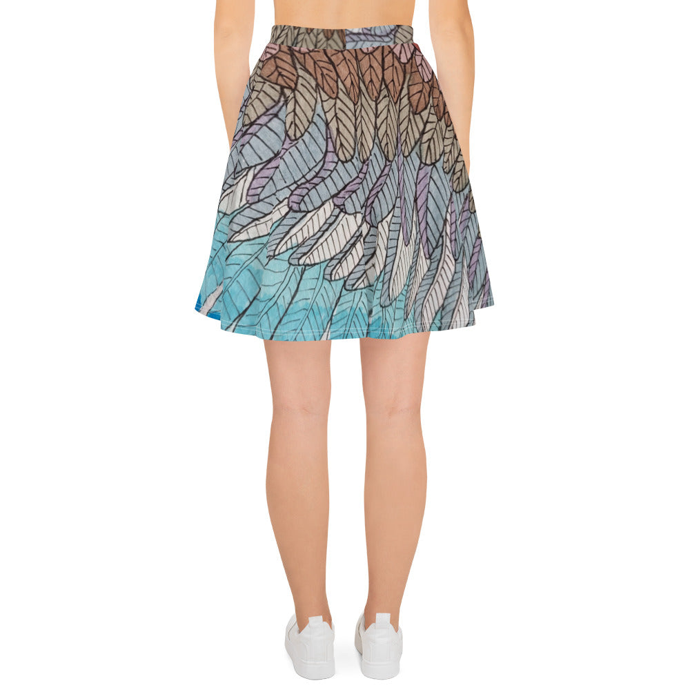 Boho Blue Feather Skater Skirt