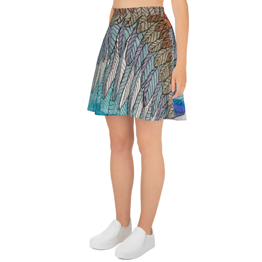 Boho Blue Feather Skater Skirt