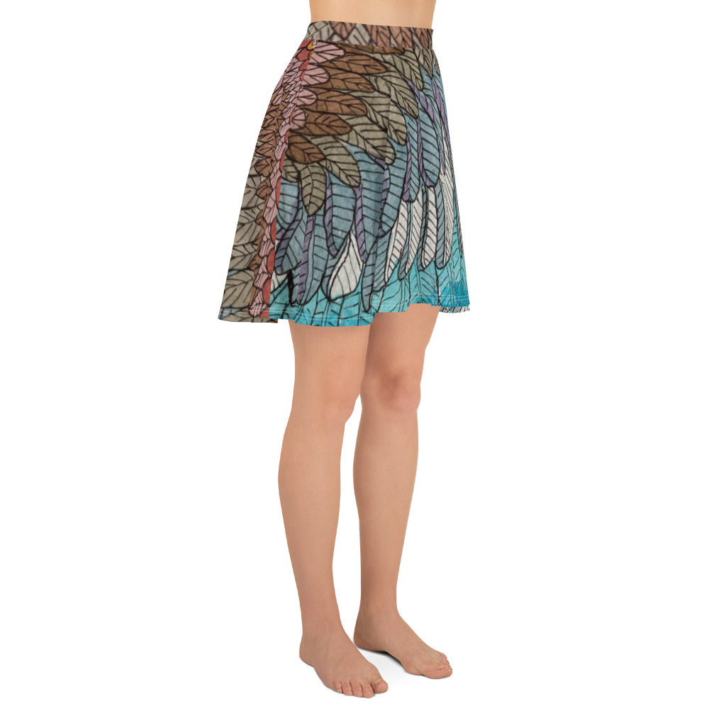 Boho Blue Feather Skater Skirt