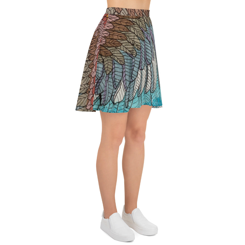 Boho Blue Feather Skater Skirt