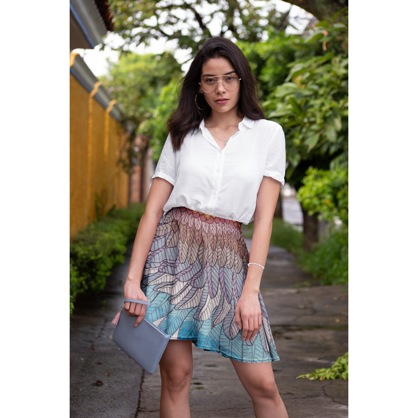 Boho Blue Feather Skater Skirt